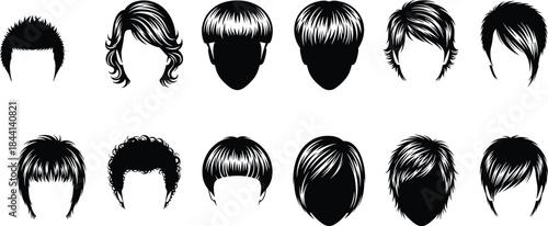 Large Set of Modern Haircut Vectors, Black and White Collection of Various Trendy Hairstyles for Men and Women, Isolated on White Background for Beauty and Avatar Design.