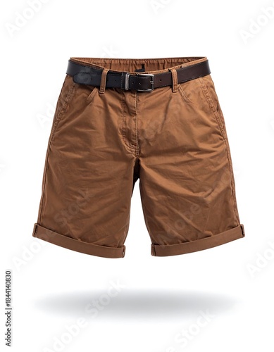 A floating pair of brown casual shorts with folded cuffs, held up by a black leather belt. The style is summer ready