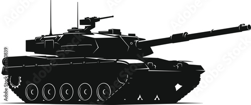 Main Battle Tank Detailed Silhouette Vector Illustration, Modern Military Armored Vehicle Profile View, Black Isolated on White Background for War and Army Design.
