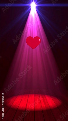 A floating red heart is illuminated by a pink spotlight on a wooden floor, creating a dramatic and loving scene