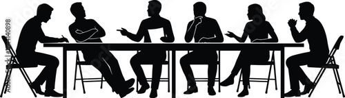 Meeting silhouette, group of people sitting at table, discussing business, holding paper, black vector illustration isolated on white.