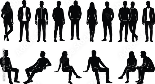 People silhouette set, standing and sitting men and women, business and casual figures, black vector illustration isolated on white.