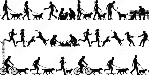 People with dogs silhouette set, walking, running, playing, cycling, skateboarding, active pet owners, black vector illustration isolated on white background.