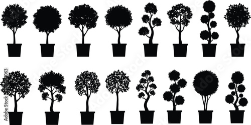 Potted tree silhouette vector set, black topiary plant collection, decorative indoor bonsai icons, garden nature illustrations