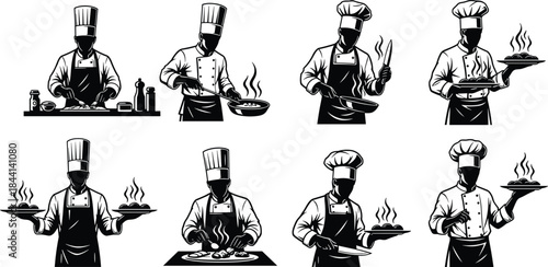 Professional chef silhouettes set, cooks in uniform preparing food, serving steaming dishes, restaurant kitchen vector illustration collection, culinary concept.
