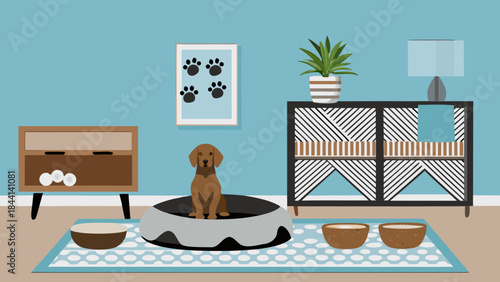 A dog sits in a dog bed in a room with furniture and decor against a blue wall in a home interior