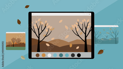 Illustration of digital tablets displaying autumn scenes with falling leaves and color palettes shown
