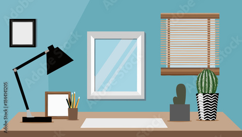 Illustration of a desk with a lamp frames pencils paper and cacti against a blue wall with window blinds