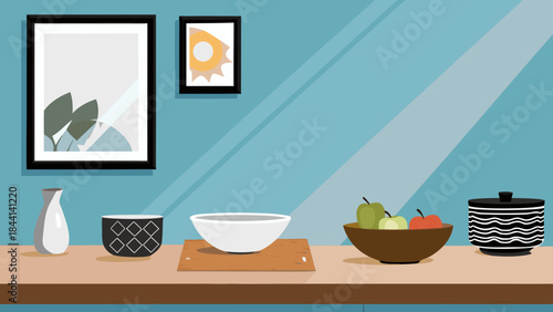 Still life scene featuring bowls, fruit, vases, and framed art against a blue wall background