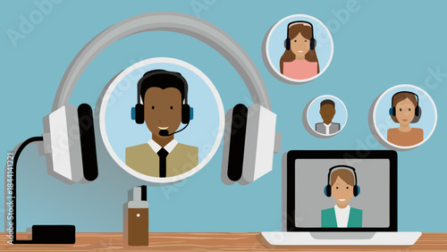 Illustration depicting virtual meeting with headset and laptop on a wooden desk against a blue wall background
