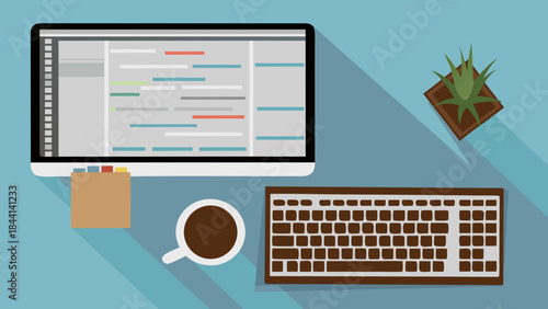 Top view of a computer screen with code, keyboard, coffee cup, plant on a blue surface layout