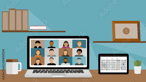 Illustration of a laptop displaying a video conference with various participants on a desk setting scene