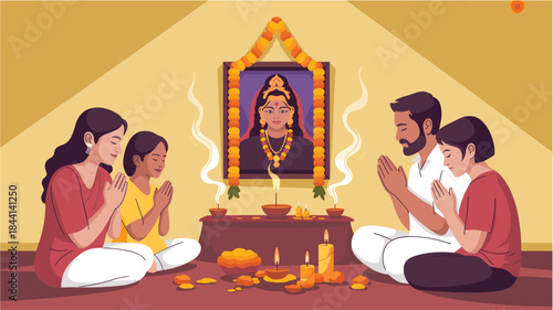 A family performing traditional pooja ceremony at home with reverence and devotion
