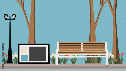 Illustration of a park scene with a bench, trees, lamppost, flowers, and a framed picture on a blue background
