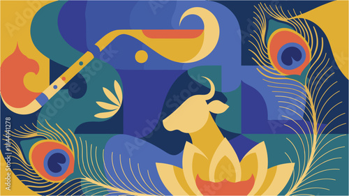 Abstract illustration with cow lotus peacock feathers flute and religious symbols