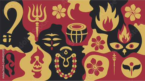 Abstract indian religious symbols and cultural motifs pattern background design