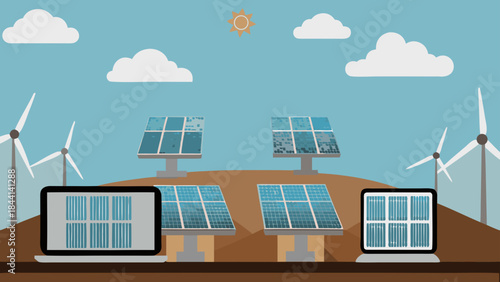 Illustration of solar panels and wind turbines with laptops displaying panel data under a sunny sky scene