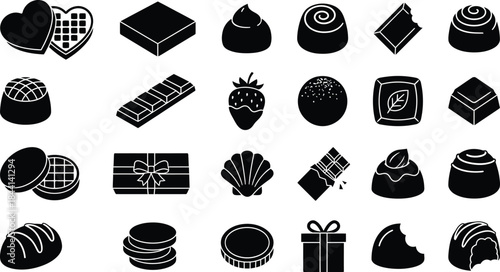 Assorted chocolate candy and dessert black glyph icons. Milk and dark cocoa bar, seashell shape, cream filling, and bakery treat symbols for confectionery shop graphic vector set illustration design.
