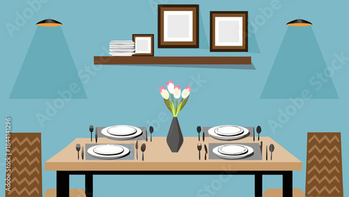 Illustration of a dining room with a table set for four and decorative elements on the wall shelf