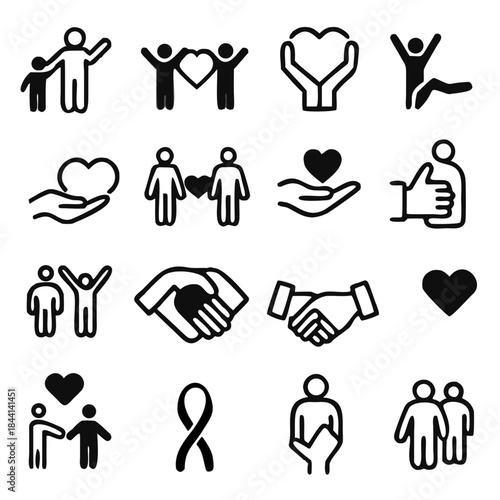 generous and sympathize icon set in thin line style, care, Friendship and love, Mutual understanding and handshake, responsibility, vector illustration