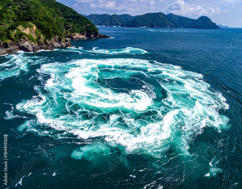Aerial view of a churning sea with swirling turquoise water near a rugged coastline