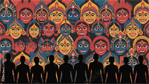 Traditional indian durga maa faces crowd with worshiper silhouettes background