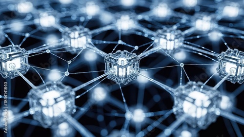 Crystal lattice structure with interconnected nodes and glowing connections on dark background for technology concepts