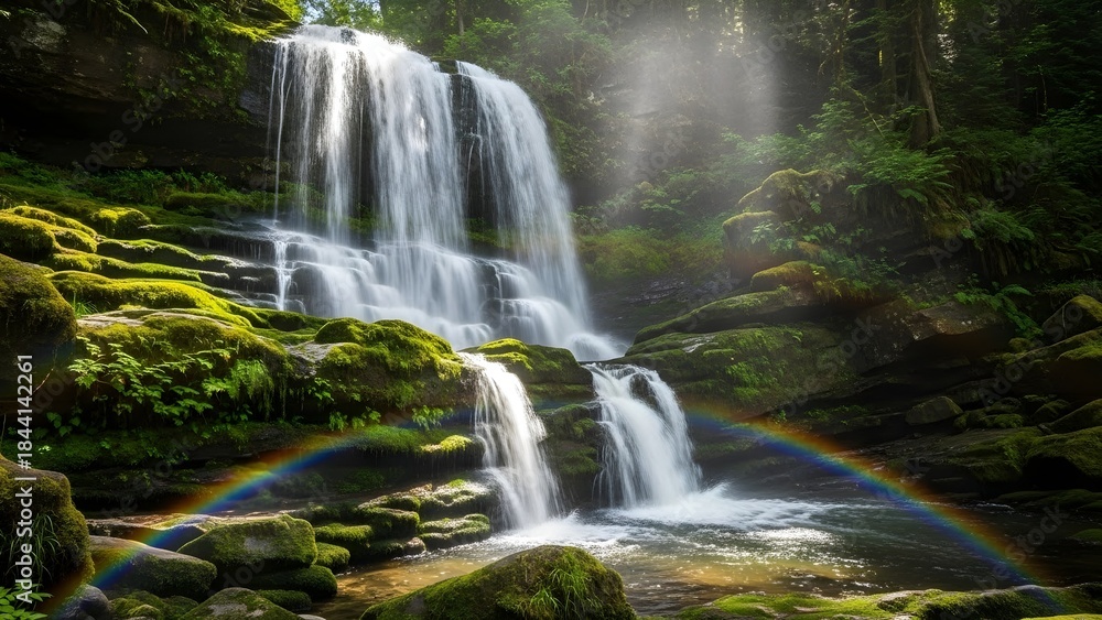 Obraz premium ​Enchanted Forest Waterfall with Rainbow and Lush Green Mossy Rocks