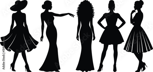 Elegant women fashion silhouettes wearing dresses and hats, stylish female figures posing isolated on white background illustration