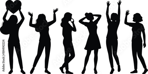 Happy women silhouettes expressing emotions and gestures, joyful female figures celebrating freedom isolated on white background illustration