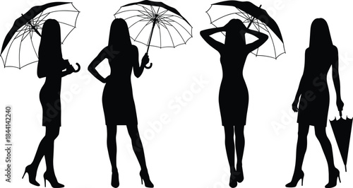 Stylish women silhouettes with umbrellas, elegant female figures posing in rainy weather isolated on white background illustration