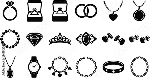 Jewelry and fashion accessory silhouette icon set. Diamond engagement ring, pearl necklace, gold earrings, luxury wrist watch, and tiara crown symbols for wedding gift vector collection design art.
