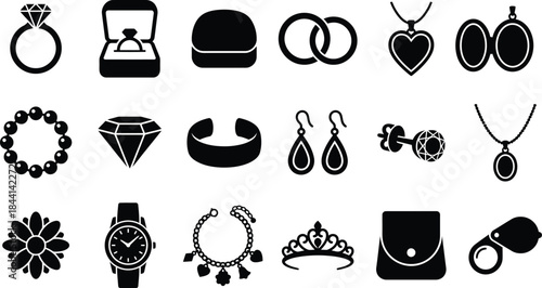Jewelry store and gem stone item black glyph icons. Heart locket pendant, bracelet bangle, open ring box, and jeweler magnifying loupe symbols for fashion shop graphic vector set illustration.
