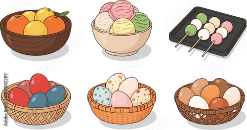Colorful food bowl and basket illustration set with fruits, ice cream scoops, dango skewers and assorted eggs for culinary design