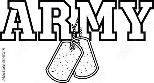 Army typography with dog tags icon for military badge design, black and white vector soldier emblem, war identity symbol and isolated patriotic graphic illustration