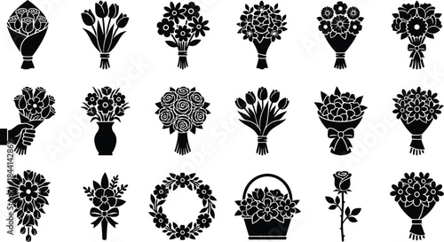 Flower bouquet and floral arrangement silhouette icon set. Hand holding bunch of roses, tulips in vase, and spring blossom symbols for wedding valentine gift vector collection design element art.
