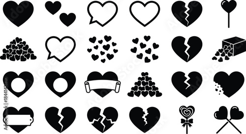 Heart shape silhouette icon set. Broken love symbol, speech bubble, pile of hearts, sweet lollipop candy, and bitten cookie signs for valentine day graphic vector collection design element art.
