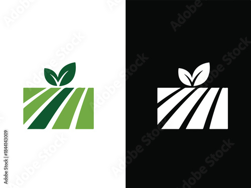 Farming Logo with Green Leaves: An artistic illustration of a farm featuring fresh green leaves above a rectangular area with lines, symbolizing growth and agriculture.
