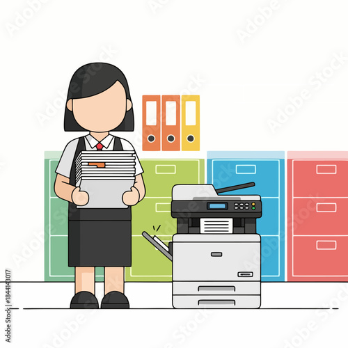 Dedicated administrative assistant managing a stack of documents next to a multifunction printer, symbolizing efficient office workflow and organization tasks