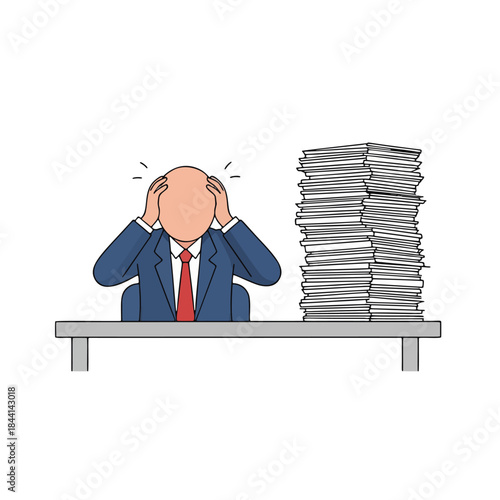 Stressed businessman overwhelmed by a towering stack of paperwork on his desk, symbolizing intense pressure, burnout, and an unmanageable workload in the corporate office