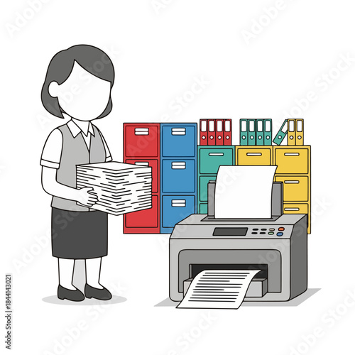 Office worker holding a stack of papers near a printer and filing cabinets