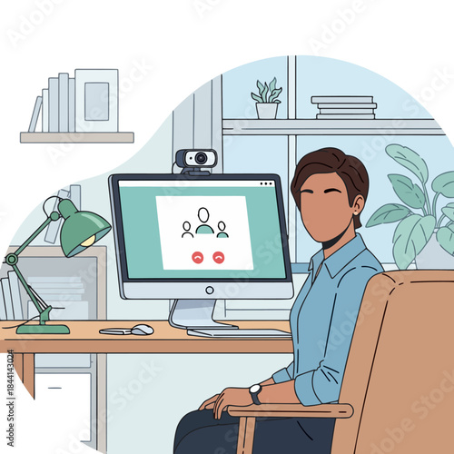 Woman participating in a video conference call from her home office, showcasing remote work and communication