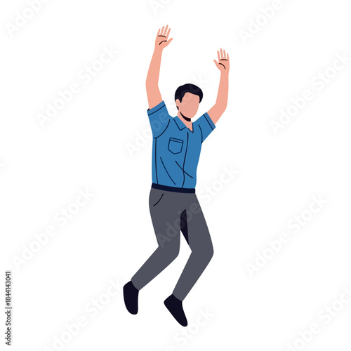 Excited man with arms raised in mid-air, celebrating success or joy with energetic movements, isolated on white background