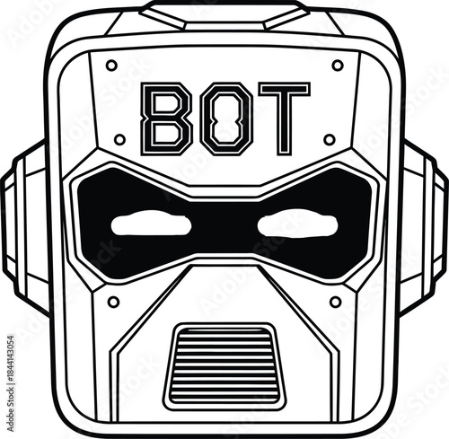 Bot typography with robot head icon for technology logo design, black and white vector ai badge, futuristic digital machine emblem and isolated science graphic illustration