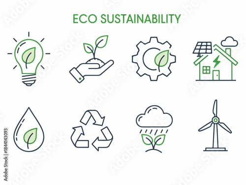 Eco Sustainability Icons: A collection of meticulously crafted icons symbolizing eco-sustainability, representing a harmonious blend of nature and technological innovation.