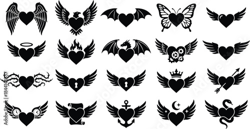 heart, wing, wings, winged, icon, set, silhouette, angel, devil, bird, eagle, bat, butterfly, flying, tattoo, gothic, tribal, vintage, retro, biker, rock, fire, flame, crown, king, gear, steampunk, me