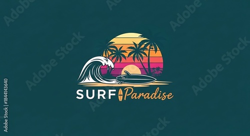 Coastal surf logo design featuring sunset waves and palm trees
