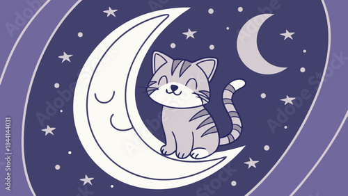 Whimsical kitten rests on a smiling crescent moon under a starry night sky.