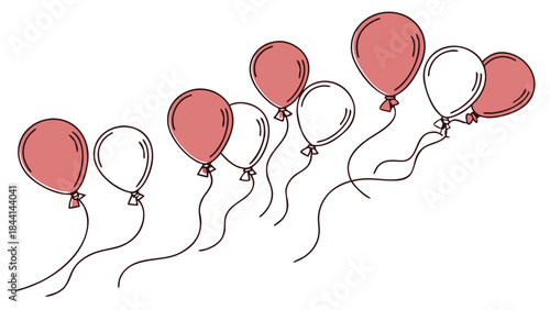 Joyful celebration with red and white balloons floating upwards