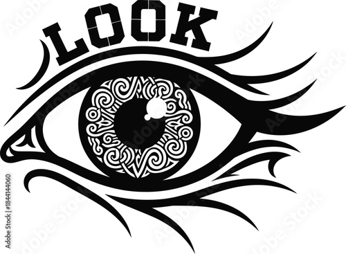 Look typography with human eye icon for vision logo design, black and white vector surveillance badge, optical anatomy emblem and isolated body part graphic illustration